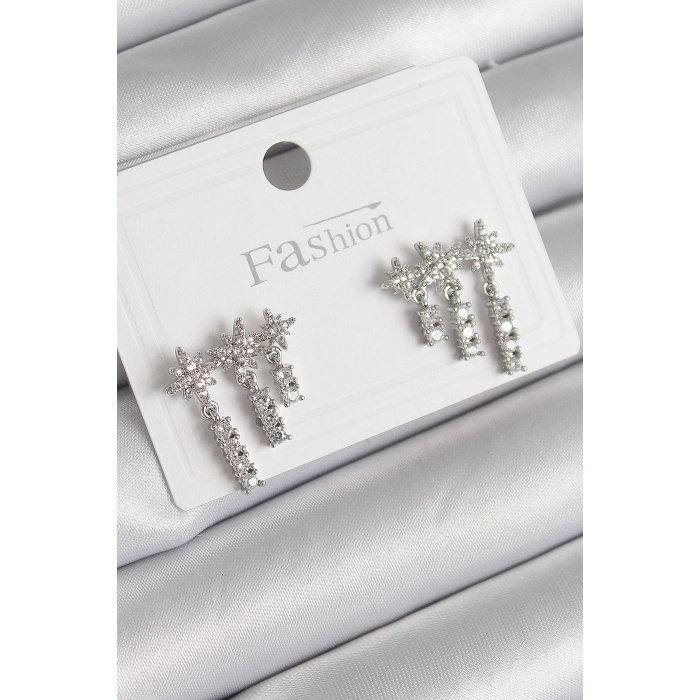 Pirinç Gümüş Renk Zirkon Taşlı 3Lü Sallantı Yıldız Model Kadın Küpe