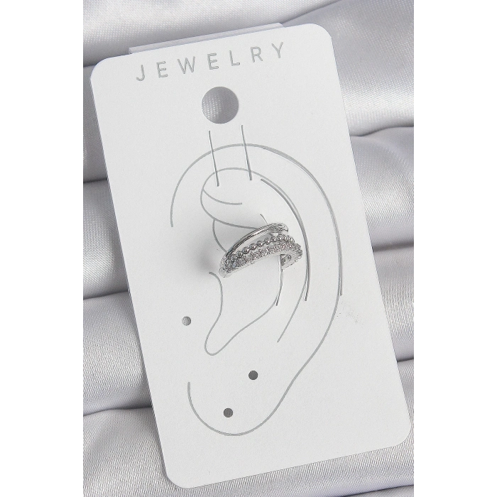 Pirinç Gümüş Renk Zirkon Taşlı 3Lü Sıralı Kadın Kıkırdak Küpe