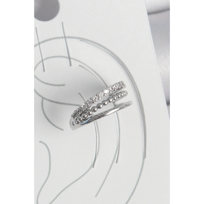 Pirinç Gümüş Renk Zirkon Taşlı 3Lü Sıralı Model Kadın Kıkırdak Küpe