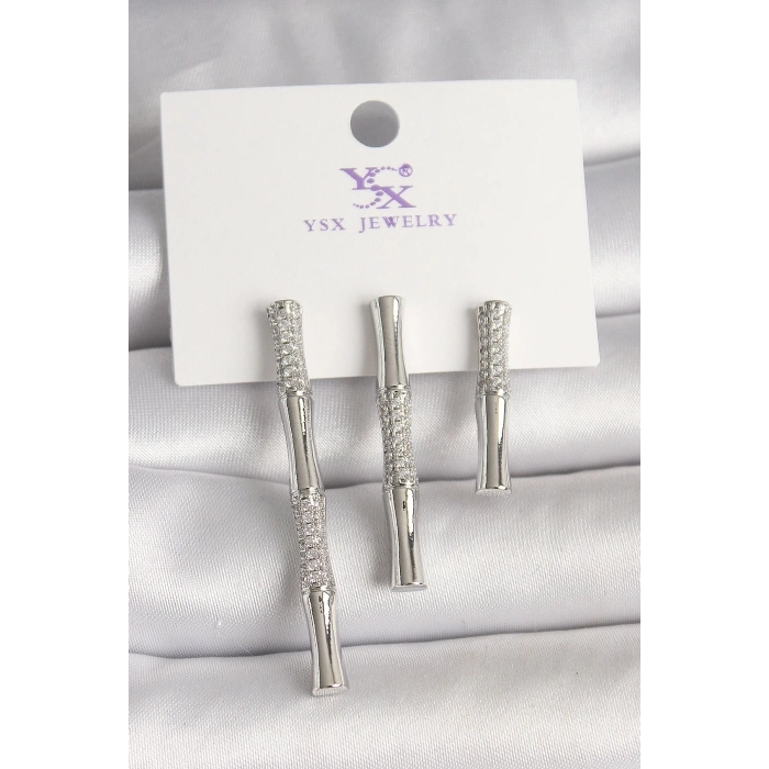 Pirinç Gümüş Renk Zirkon Taşlı Bambu Model 3Lü Kadın Kombin Küpe