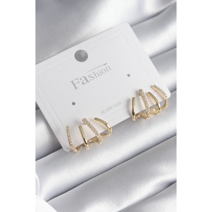 Pirinç Gümüş Renk Zirkon Taşlı Çatal Model Kadın Küpe