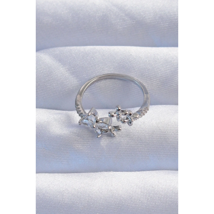 Pirinç Gümüş Renk Zirkon Taşlı Çiçek Model Ayarlanabilir Yüzük