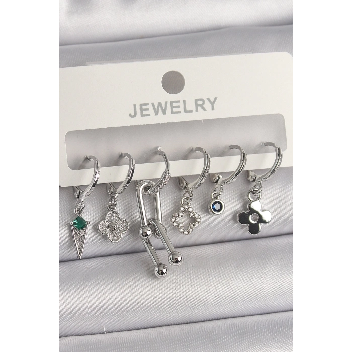 Pirinç Gümüş Renk Zirkon Taşlı Çoklu Figür Kadın Küpe Seti