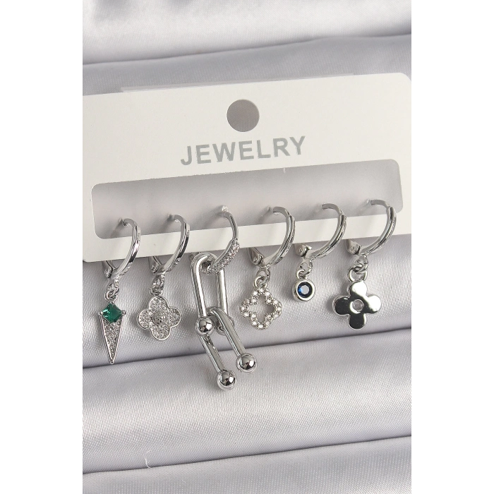 Pirinç Gümüş Renk Zirkon Taşlı Çoklu Figür Kadın Küpe Seti