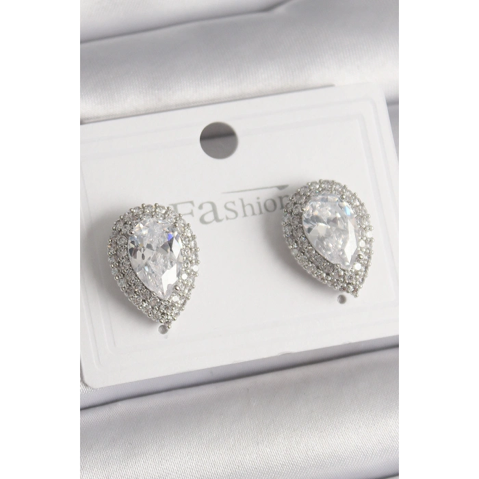 Pirinç Gümüş Renk Zirkon Taşlı Damla Model Kadın Küpe