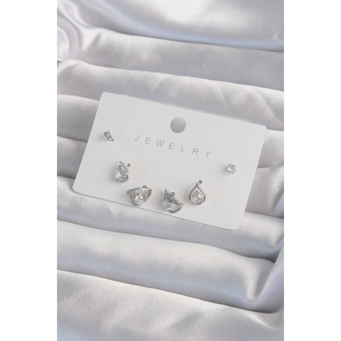 Pirinç Gümüş Renk Zirkon Taşlı Damla Model Küpe Seti