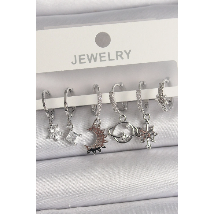 Pirinç Gümüş Renk Zirkon Taşlı Gezgen Model Kadın Küpe Seti