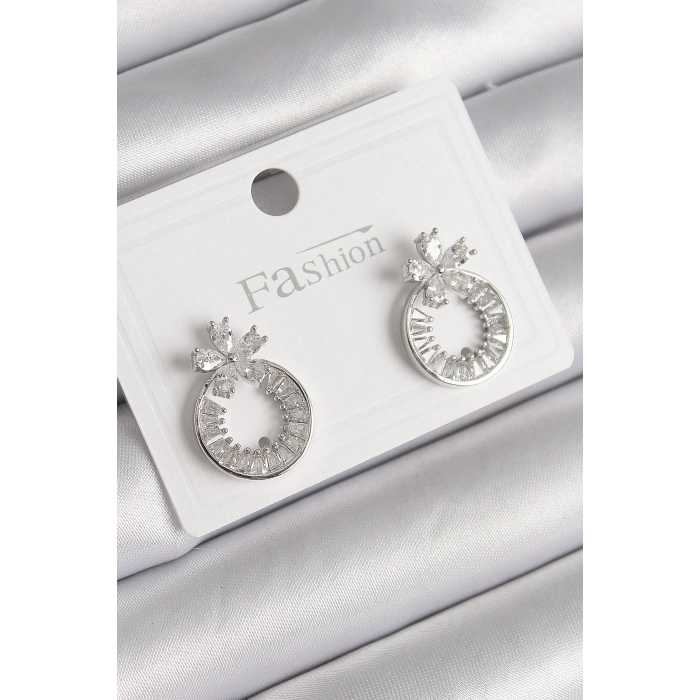 Pirinç Gümüş Renk Zirkon Taşlı Halka Model Çiçek Figür Kadın Küpe