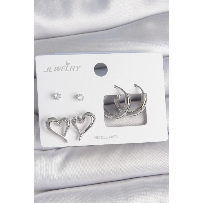 Pirinç Gümüş Renk Zirkon Taşlı Halka Model Kalp Detay 3 Çift Kadın Küpe Seti