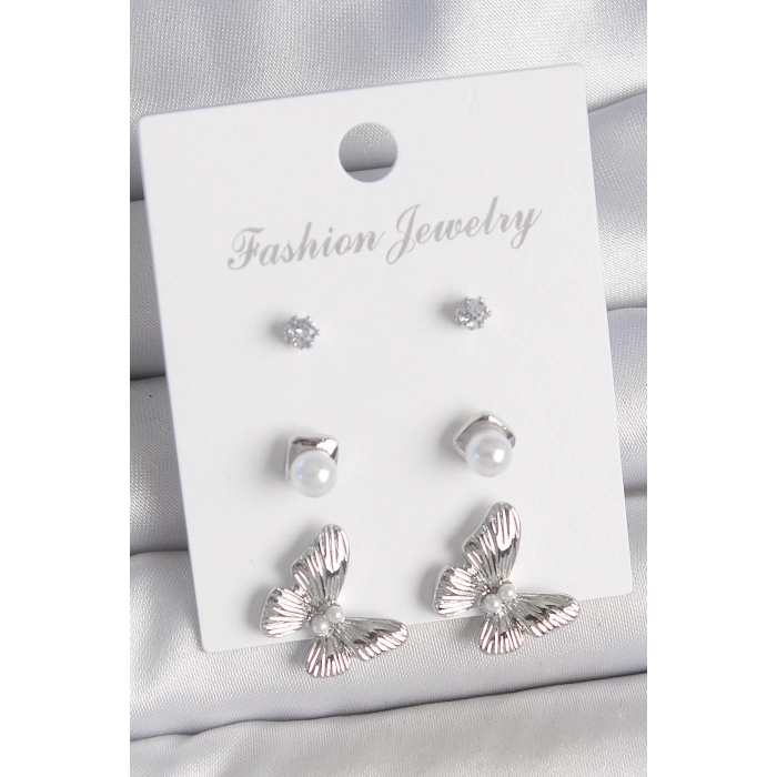 Pirinç Gümüş Renk Zirkon Taşlı İnci Detaylı Kelebek Model 3 Çift Kadın Küpe Seti