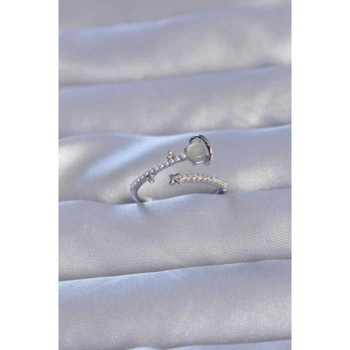 Pirinç Gümüş Renk Zirkon Taşlı İncili Satürn Model Ayarlanabilir Yüzük