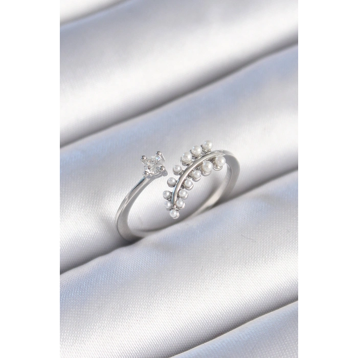 Pirinç Gümüş Renk Zirkon Taşlı İncili Yaprak Model Kadın Yüzük