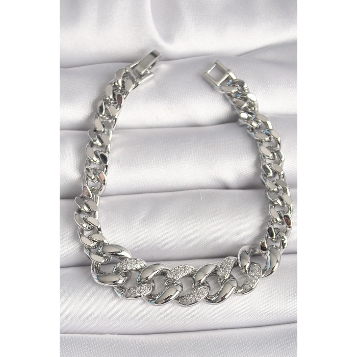 Pirinç Gümüş Renk Zirkon Taşlı Kalın Halka Model Kadın Bileklik