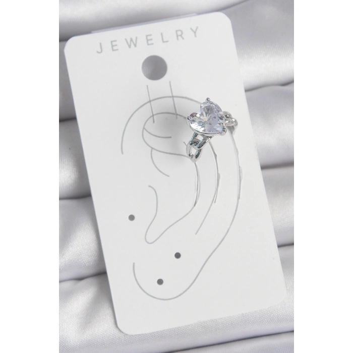 Pirinç Gümüş Renk Zirkon Taşlı Kalp Model Kadın Kıkırdak Küpe