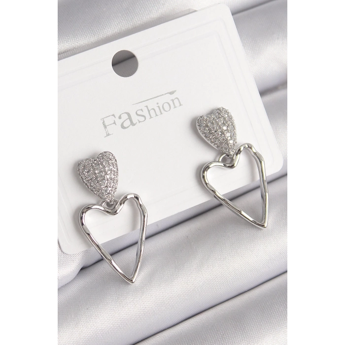 Pirinç Gümüş Renk Zirkon Taşlı Kalp Model Kadın Küpe