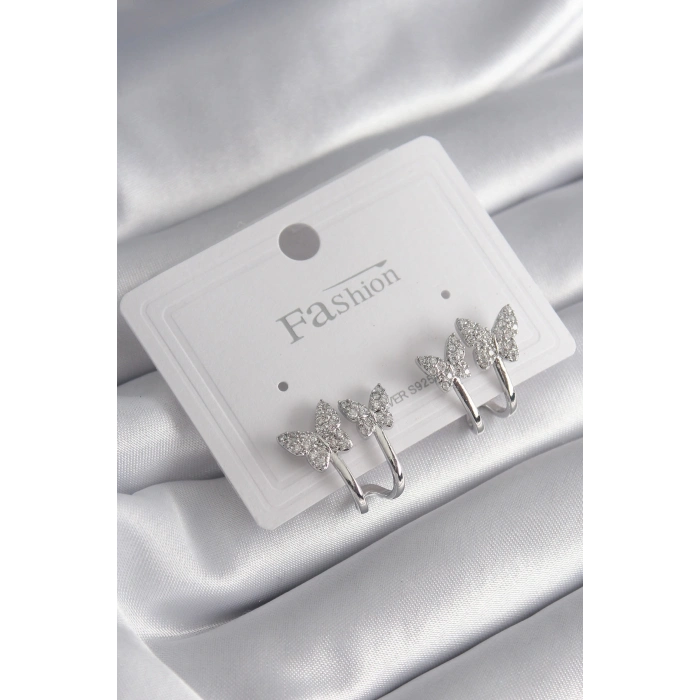 Pirinç Gümüş Renk Zirkon Taşlı Kelebek Model Kadın Küpe