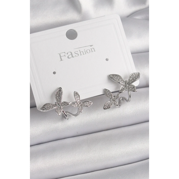 Pirinç Gümüş Renk Zirkon Taşlı Kelebek Model Kadın Küpe