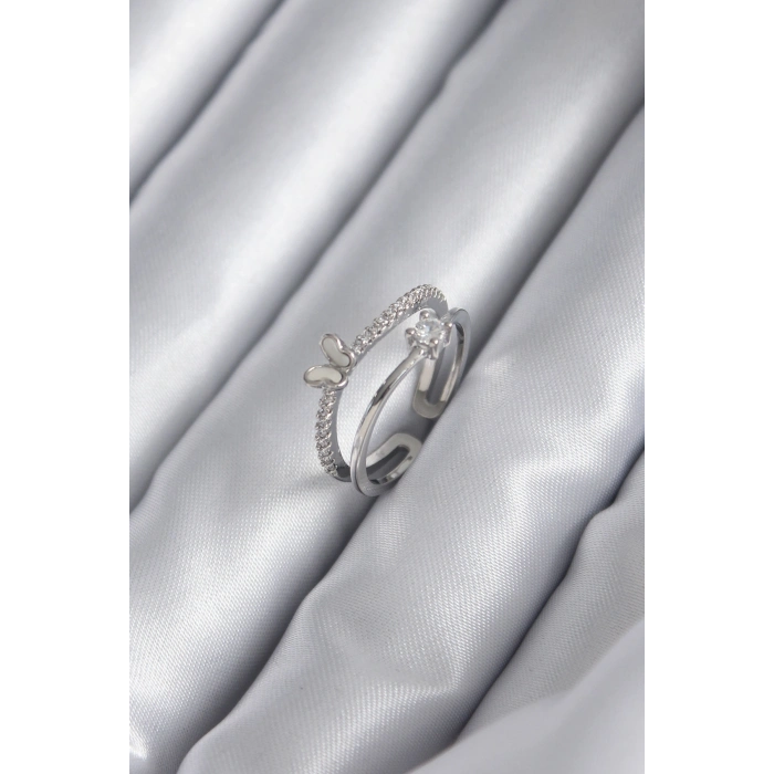 Pirinç Gümüş Renk Zirkon Taşlı Kelebek Model Kadın Yüzük