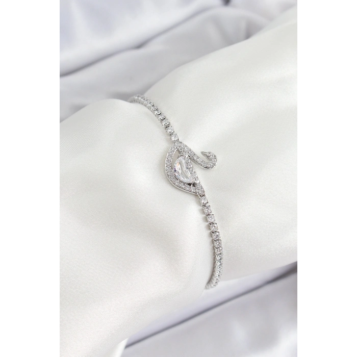 Pirinç Gümüş Renk Zirkon Taşlı Kuğu Model Kadın Bileklik