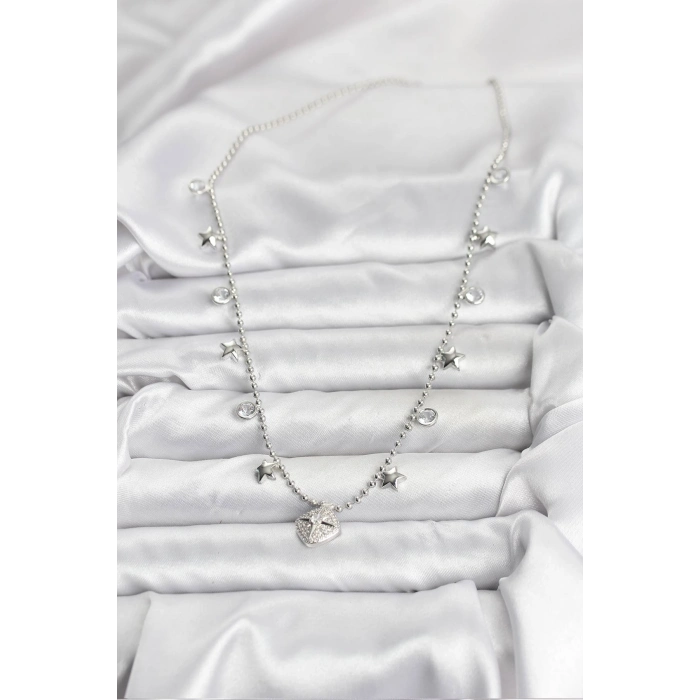 Pirinç Gümüş Renk Zirkon Taşlı Kutup Yıldızı Model Kadın Kolye