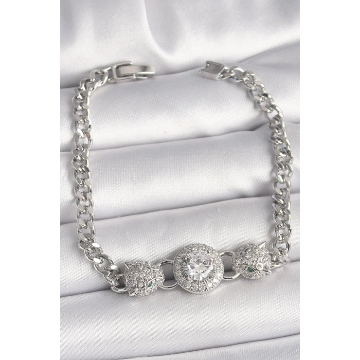 Pirinç Gümüş Renk Zirkon Taşlı Leopar Figür Zincir Model Kadın Bileklik