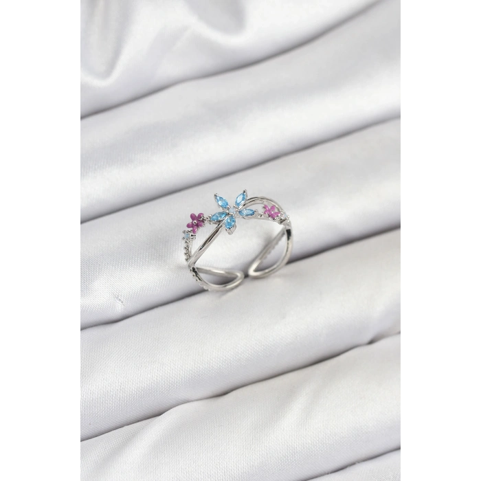 Pirinç Gümüş Renk Zirkon Taşlı Mavi Çiçekli Kadın Yüzük