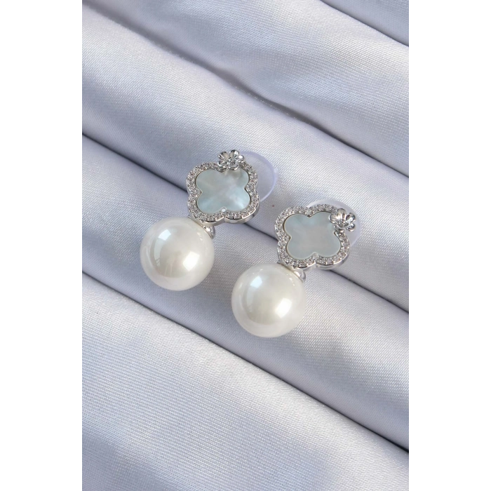 Pirinç Gümüş Renk Zirkon Taşlı Minimal Çiçek Tasarımlı Kadın Küpe