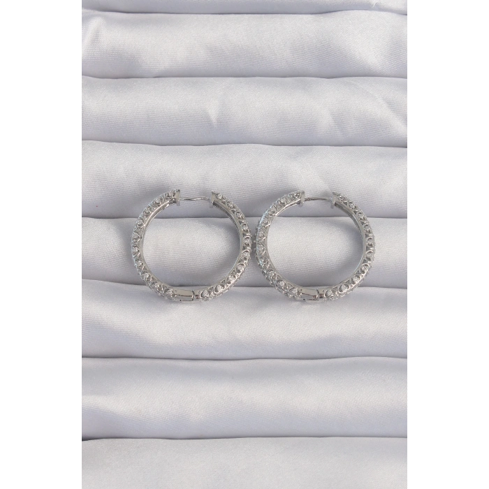 Pirinç Gümüş Renk Zirkon Taşlı Motifli Halka Küpe