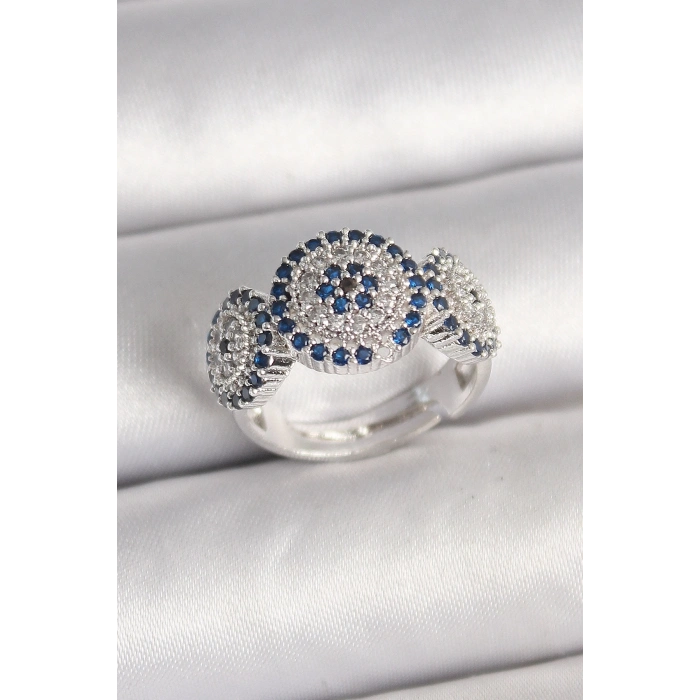 Pirinç Gümüş Renk Zirkon Taşlı Nazar Boncuk Model Ayarlanabilir Kadın Yüzük