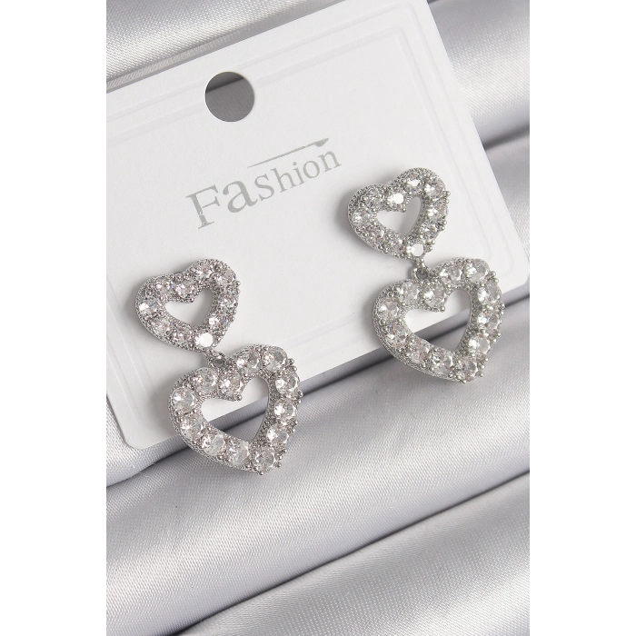 Pirinç Gümüş Renk Zirkon Taşlı Sallantı Kalp Model Kadın Küpe