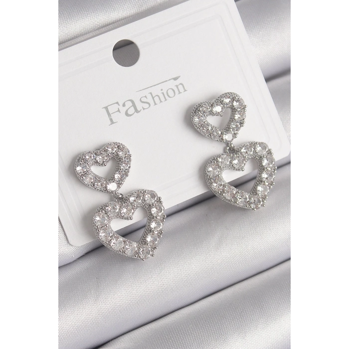 Pirinç Gümüş Renk Zirkon Taşlı Sallantı Kalp Model Kadın Küpe