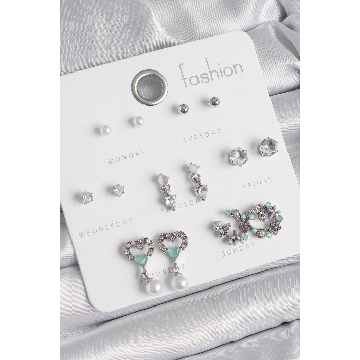 Pirinç Gümüş Renk Zirkon Taşlı Sallantılı Kalp Model Çiçek Detay 7 Çift Kadın Küpe Seti