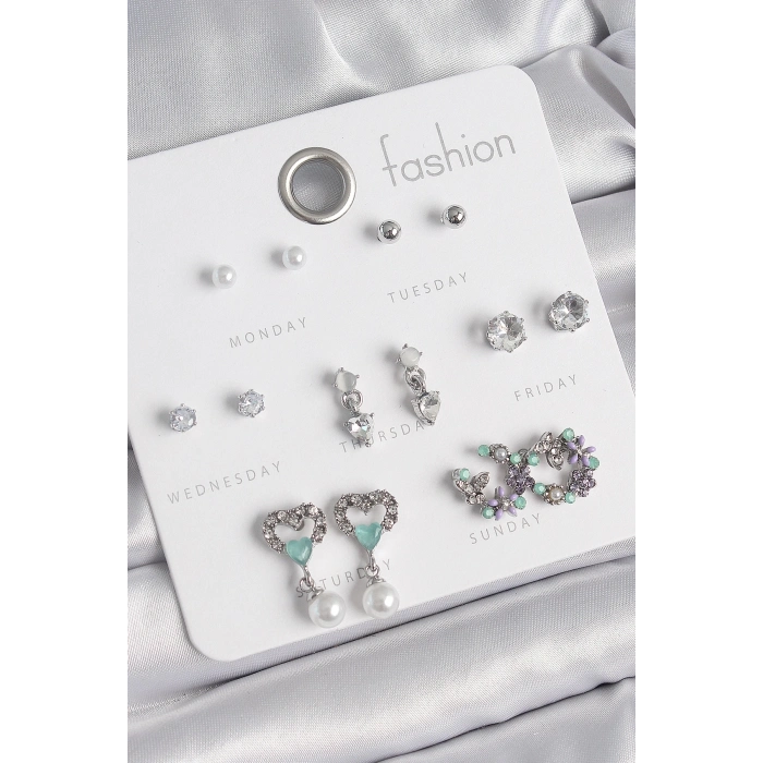 Pirinç Gümüş Renk Zirkon Taşlı Sallantılı Kalp Model Çiçek Detay 7 Çift Kadın Küpe Seti