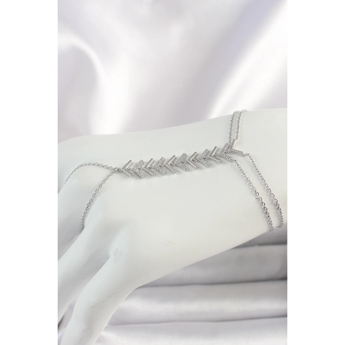 Pirinç Gümüş Renk Zirkon Taşlı V Model Kadın Şahmeran