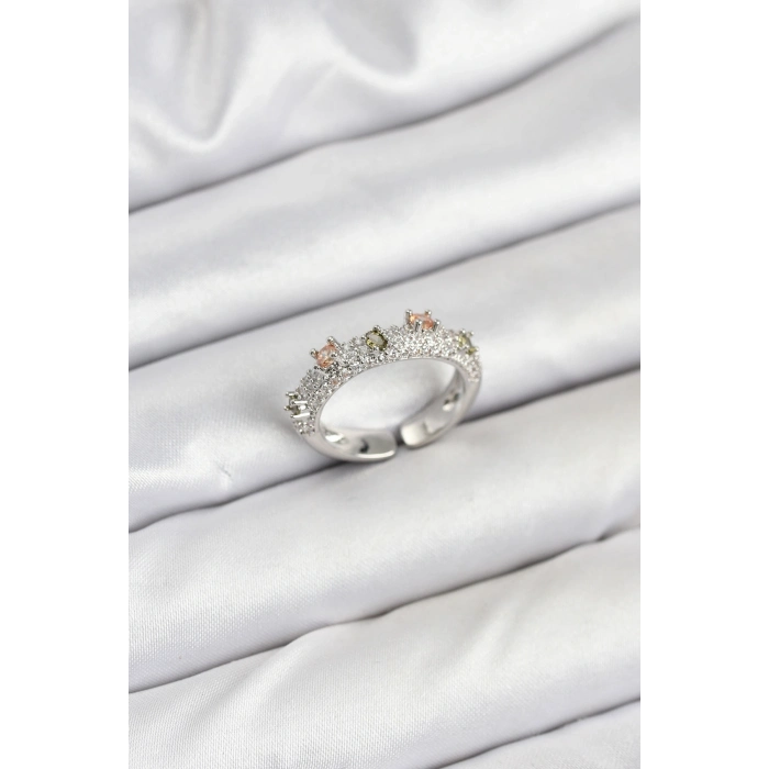 Pirinç Gümüş Renk Zirkon Taşlı Vintage Kadın Yüzük