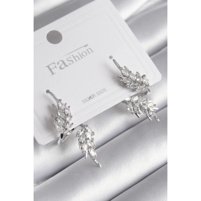 Pirinç Gümüş Renk Zirkon Taşlı Yaprak Model Kadın Küpe