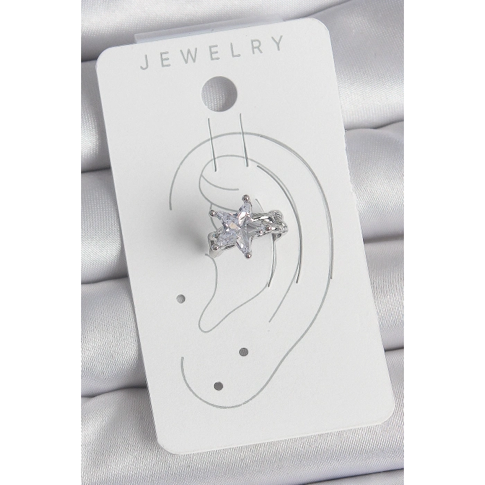 Pirinç Gümüş Renk Zirkon Taşlı Yıldız Model Kadın Kıkırdak Küpe