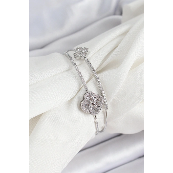 Pirinç Gümüş Renk Zirkon Taşlı Yonca Model 2li Kadın Bileklik