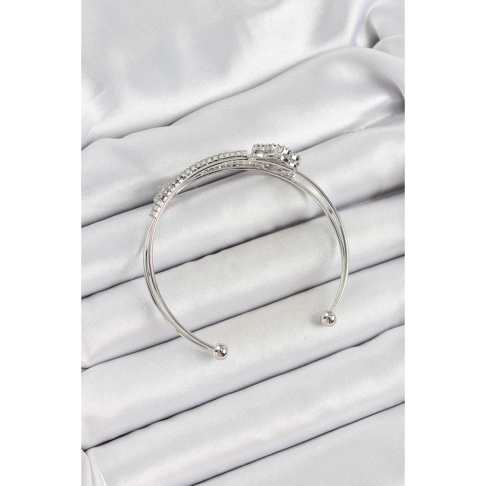 Pirinç Gümüş Renk Zirkon Taşlı Yonca Model 2li Kadın Bileklik