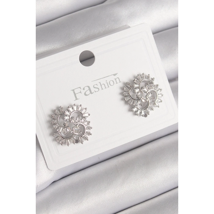 Pirinç Gümüş Renk Zirkon Taşlı Yonca Model Kadın Küpe