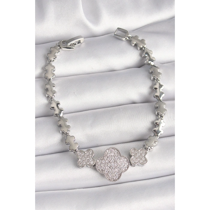 Pirinç Gümüş Renk Zirkon Taşlı Yonca Model Zincir Model Kadın Bileklik