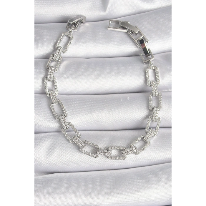 Pirinç Gümüş Renk Zirkon Taşlı Zincir Model VIP Seri Kadın Bileklik