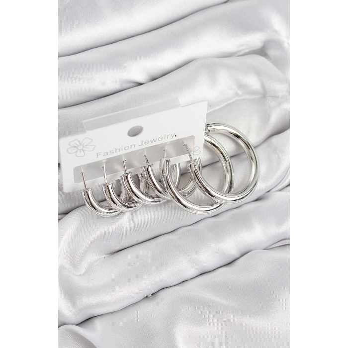 Pirinç Halka Model Gümüş Renk Kadın Set Küpe