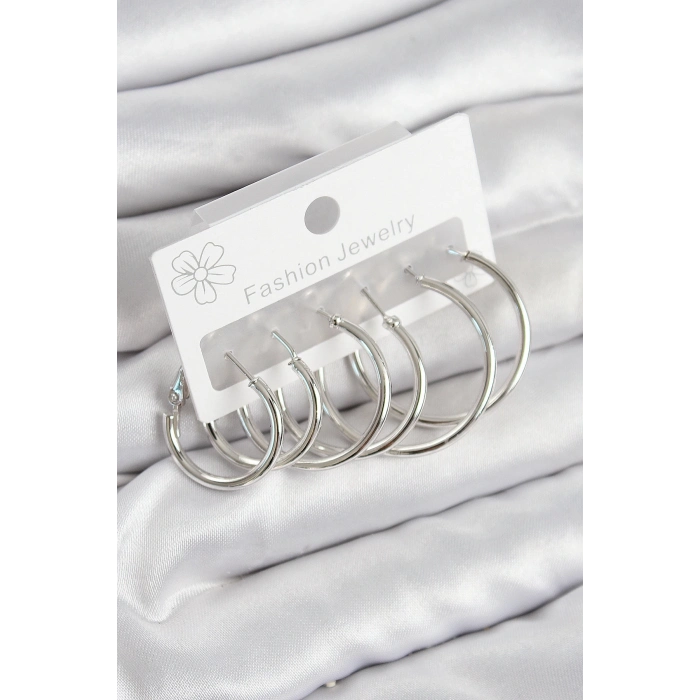 Pirinç Halka Model Gümüş Renk Kadın Set Küpe