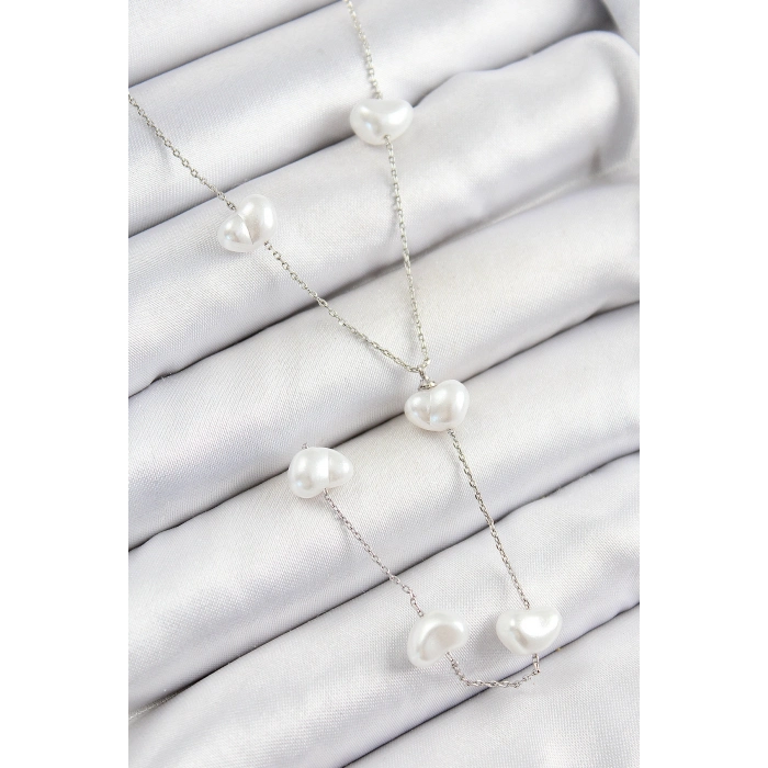 Pirinç İncili Kalp Figürlü Y Model Gümüş Renk Kadın Kolye