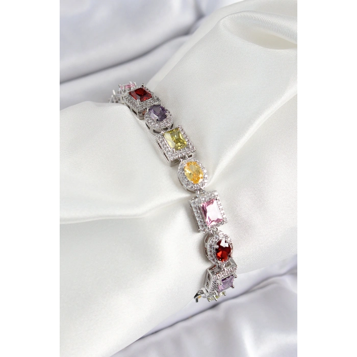 Pirinç Karışık Zirkon Taşlı Baget Model Gümüş Renk VIP Seri Kadın Bileklik