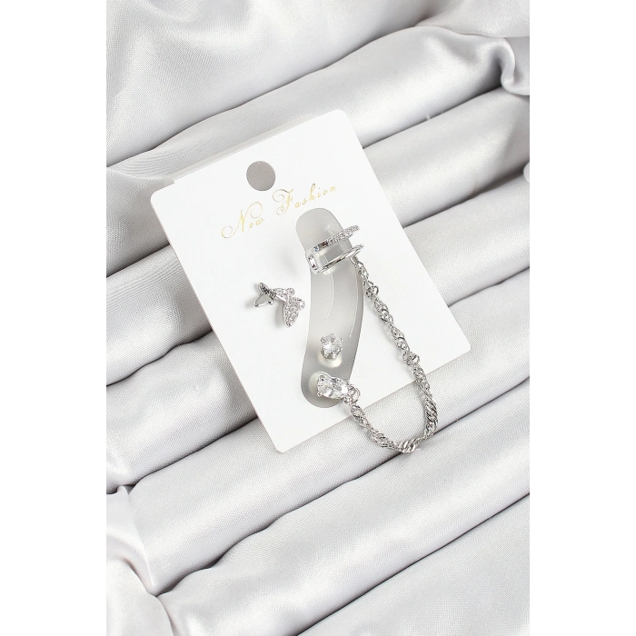 Pirinç Kelebek Figürlü Zirkon Taşlı Gümüş Renk 3lü Kıkırdak Kadın Küpe Set