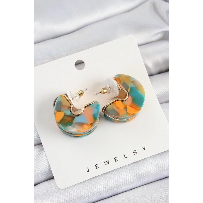 Pirinç Mermer Desenli Vintage Yarım Halka Model Gold Renk Kadın Küpe