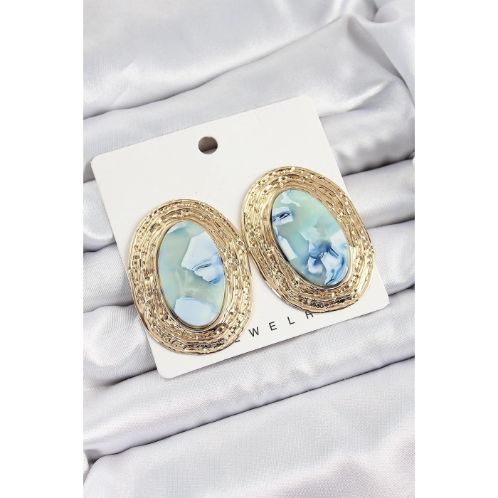 Pirinç Mermer Desenlli Mavi Sedef Oval Vintage Model Gold Renk Kadın Küpe