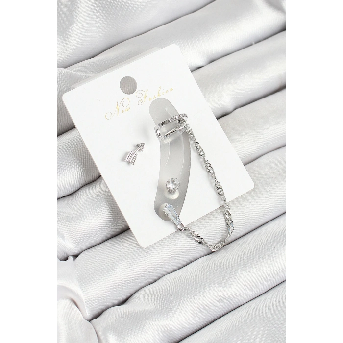 Pirinç Ok Figürlü Zirkon Taşlı Gümüş Renk 3lü Kıkırdak Kadın Küpe Set